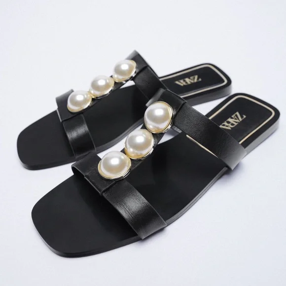 Zara Black Leather Square toe pearl detail sandals - Picture 2 of 5